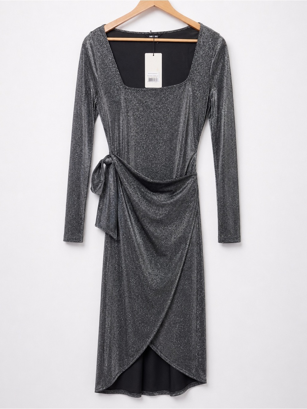 Sparkle Wrap-Front Long Sleeve Dress in Shimmering Gray